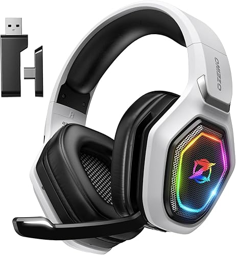 Ozeino 2.4GHz Wireless Gaming Headset for PC, Ps5, Ps4 - Lossless Audio USB & Type-C Ultra Stable Gaming Headphones with Flip Microphone, 40-Hr Battery Gamer Headset for Switch, Laptop, Mobile, Mac - Black and White