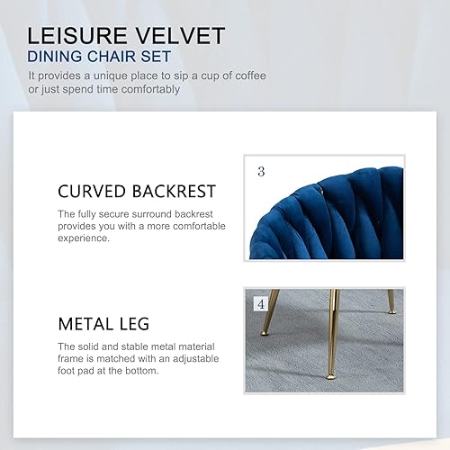 Miniatura 4 de Nrizc Juego de 2 sillas de comedor tejidas, sillas de comedor tapizadas de terciopelo con patas de metal dorado, sillas decorativas modernas para