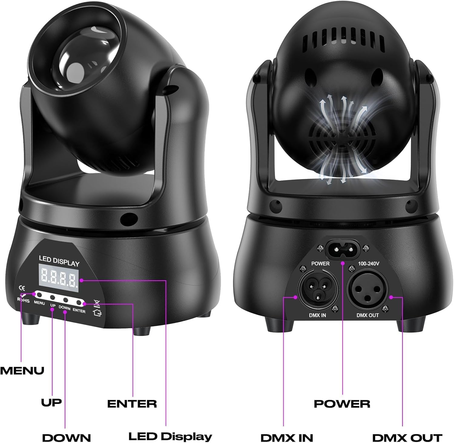 Front and rear view of the U`King 40W LED Moving Head Light, showing LED display, control buttons, DMX In/Out, and power input.
