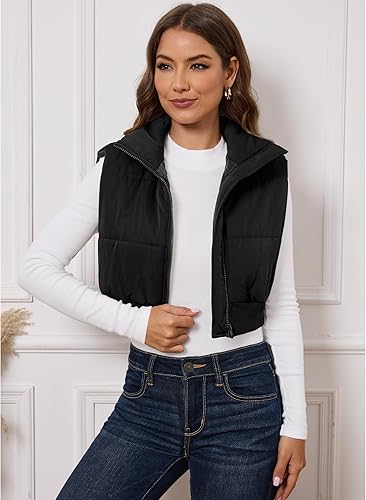 Miniatura 4 de GRAPENT Chaleco acolchado recortado para mujer, a la moda, con cremallera, cuello alto, mini chaqueta acolchada sin mangas, ropa de abrigo, chalecos