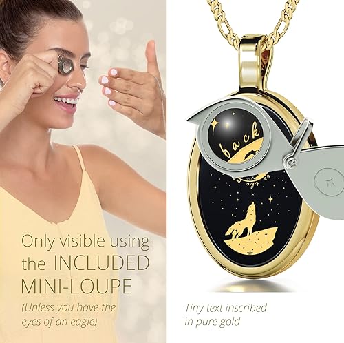 Miniatura 4 de I Love You to the Moon and Back Necklace Pure Gold Inscribed with Nostalgic Howling Wolf and Stars on Onyx Gemstone Romantic Pendant for Women, 18"