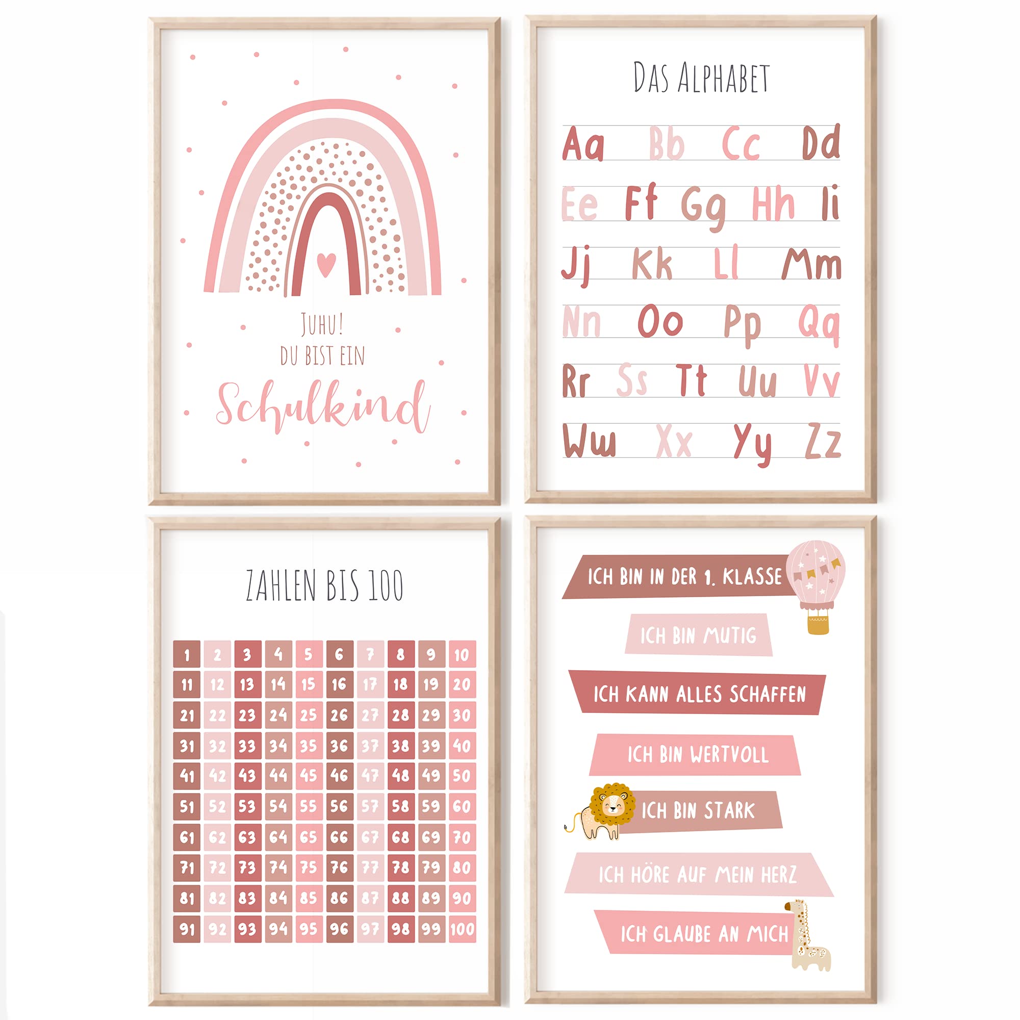 MeinBaby123® Educational learning posters, learning posters, pictures for children's room, set of 4, A4 poster set, alphabet ABC, numbers, preschool, primary school, premium (learning poster, pink)