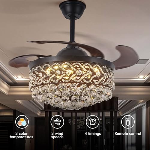 Miniatura 4 de MORE CHANGE Ventilador de techo de cristal de 42 pulgadas con luz y control remoto moderno ventilador de techo negro con cuchillas retráctiles