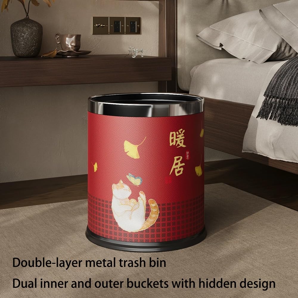 Decorative Metal Wastebasket with Removable Stainless Steel Ring, Open Top Double Layer Trash Can for Bedroom, Office, Bathroom(15L)