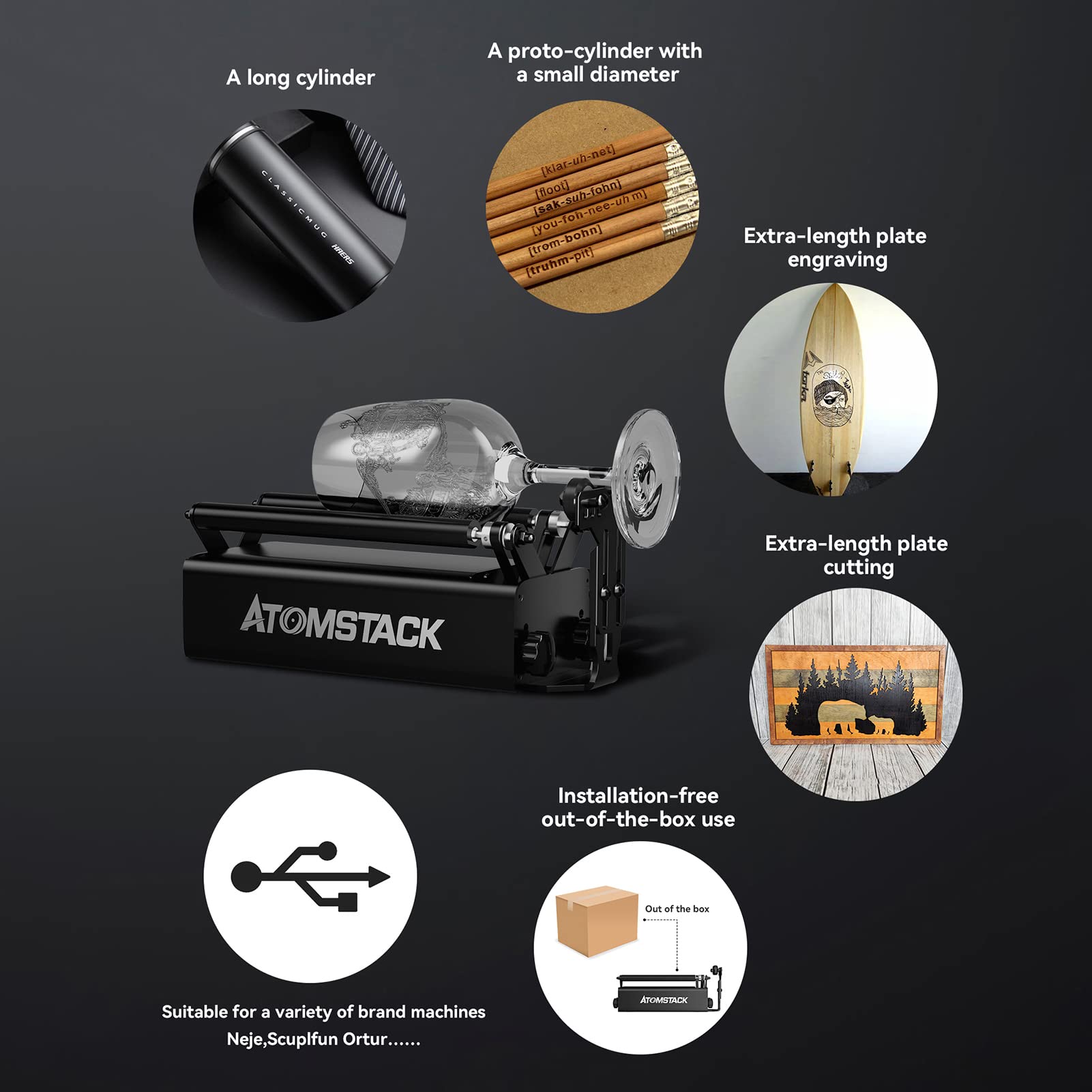 ATOMSTACK R3 PRO laserowy wałek rotacyjny, grawerowanie laserowe, rolki obrotowe osi Y, z możliwością obrotu o 360° do grawerowania obiektów cylindrycznych (4 dodatkowe kolumny podnoszące, 2 wałki