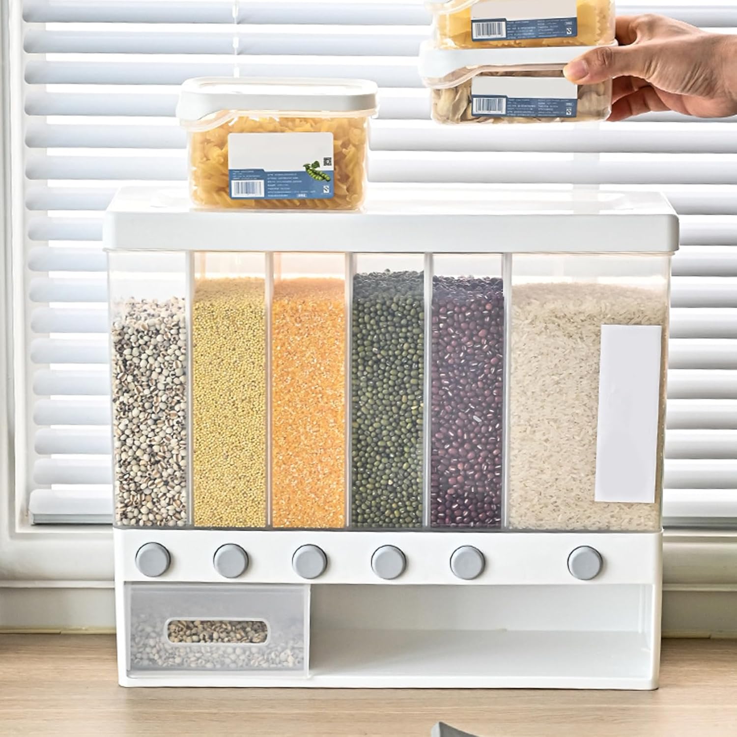 Cereal Dispenser 6 Grid Rice Dispenser Wall Mount Cereal Dispenser Countertop Cereal Containers Storage Grain Dispenser Dry Food Dispenser for Sugar Flour Rice Pet Dog Cat Food.
