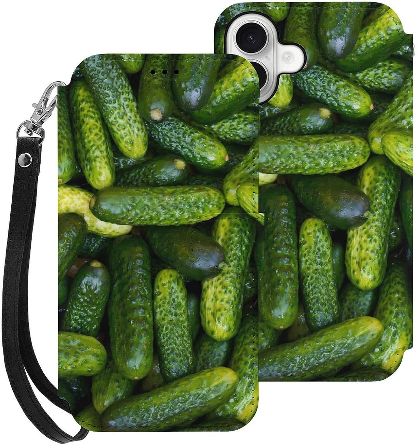 Cucumbers Compatible with iPhone 16/16 Plus/16 Pro/16 Pro Max/16 E Case Phone Wallet Card Holder Flip Cover with Wrist Strap