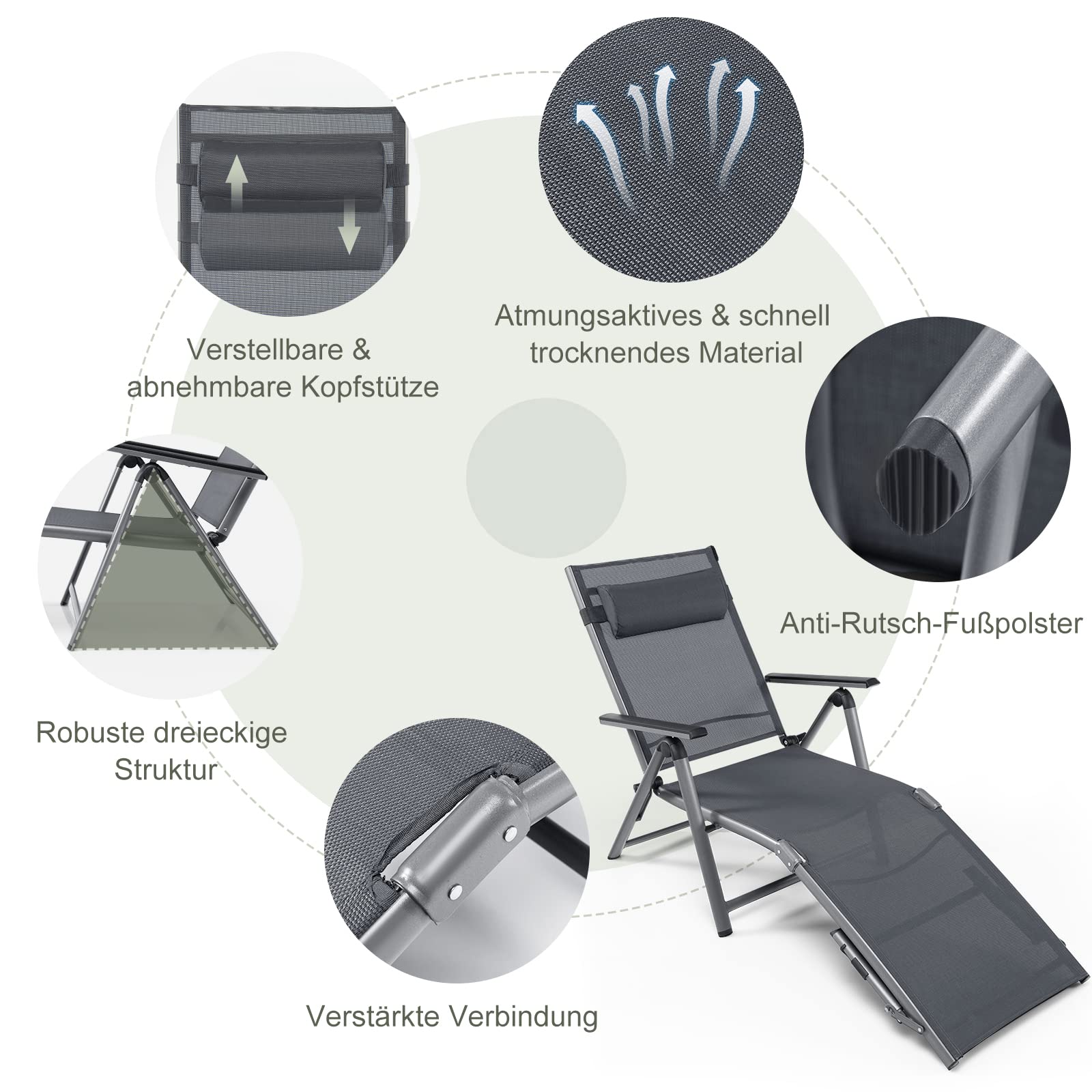 COSTWAY Sonnenliege klappbar, Aluminium Gartenliege mit Verstellbarer Rückenlehne & Fußteil, Kopfkissen, Armlehnen, Liegestuhl mit schnell trocknendem Stoff, Klappliege für Garten, Balkon, Terrasse