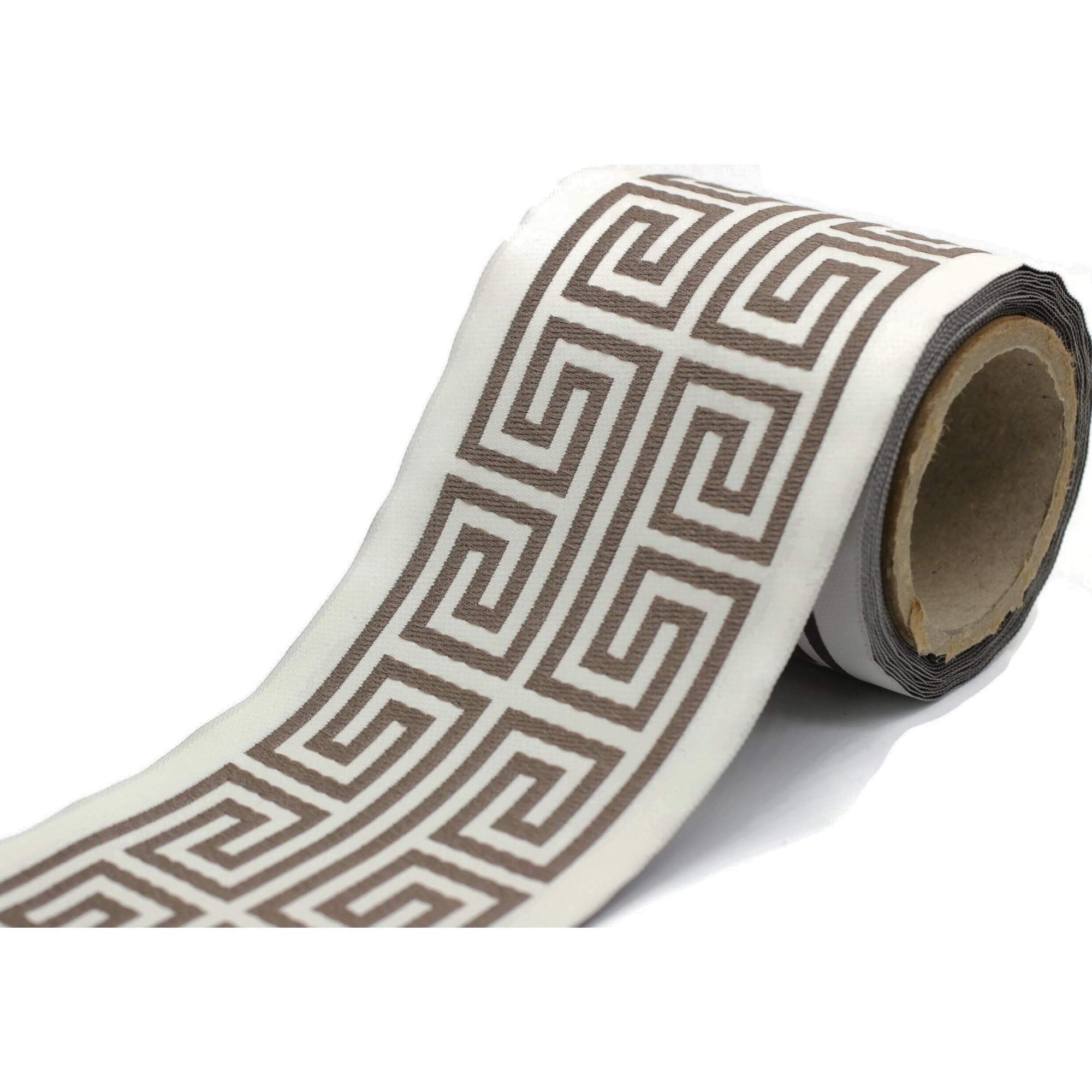 Taśma dekoracyjna 100 mm kość słoniowa i taupe grecki wzór meander, taśma tekstylna do zasłon, umeblowania i majsterkowania, taśma 3,5 m na szpulę, eleganckie wykończenie do projektów kreatywnych