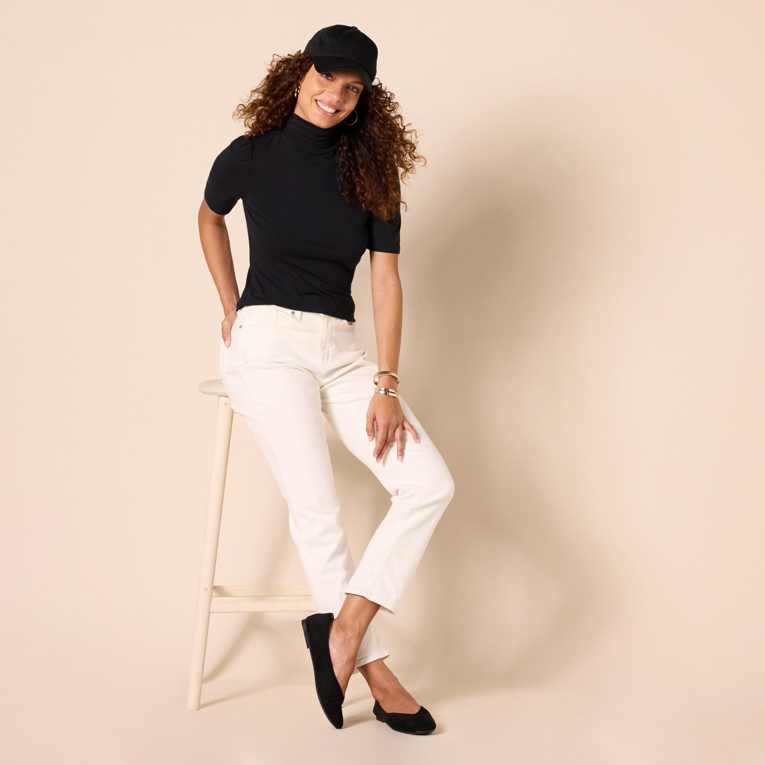 Amazon Essentials Women's Cotton Modal Draped Puff Sleeve Turtleneck