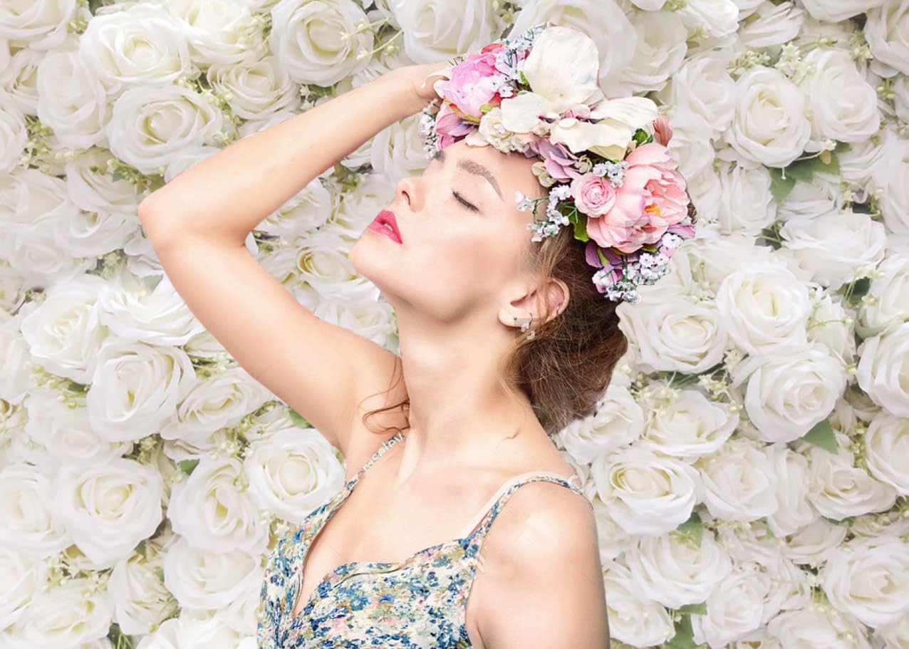 3x2.4m Toile de Fond Murale Fleur Rose Blanche Fond Photographique Filles Fête d'anniversaire Mariage Douceur de Mariage Décorations Portrait Photoshoot Bannière Photo Booth Props