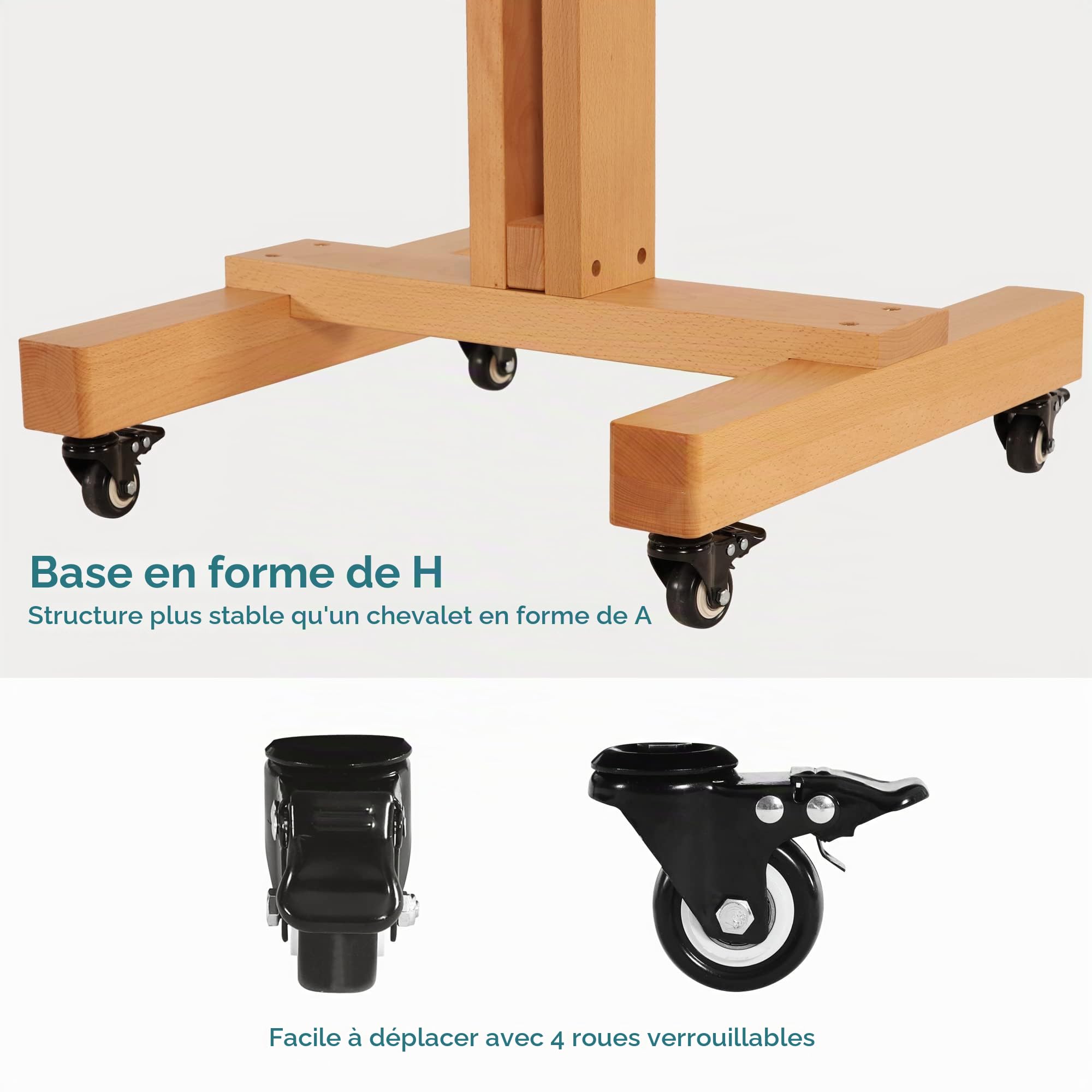 VISWIN Chevalet de studio robuste, inclinable à plat et mobile, réglable en bois de hêtre massif pour peinture, télévision et affichage, peut contenir une toile jusqu'à 180,3 cm, chevalet d'art de sol