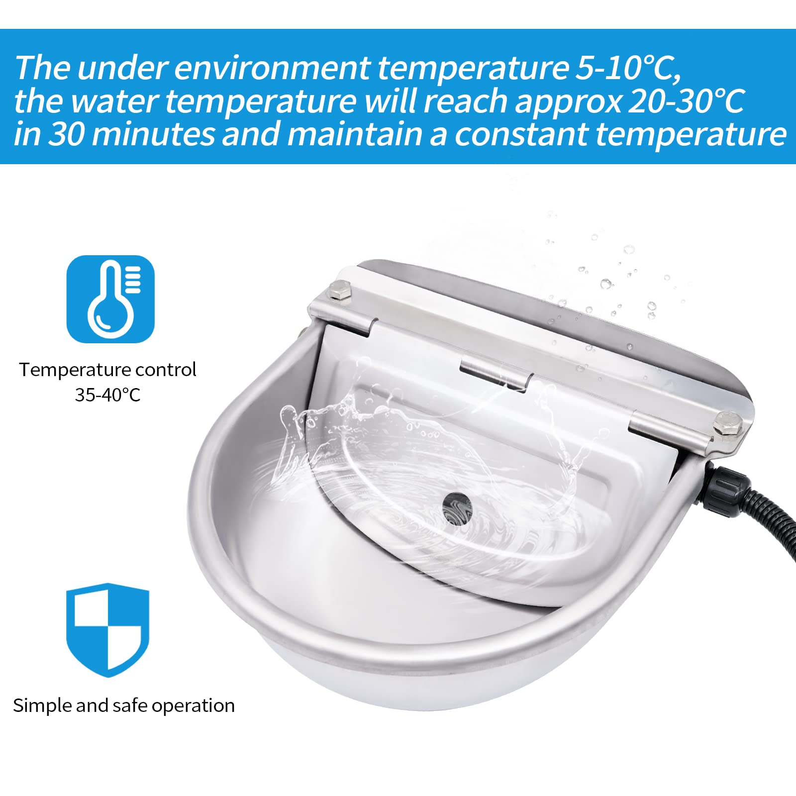 Abreuvoir Chauffant Automatique en Acier Inoxydable 220V, avec Robinet à Bille Réglable pour Chevaux, Bovins, Vaches, Chiens, Chèvres, Moutons et Porcs