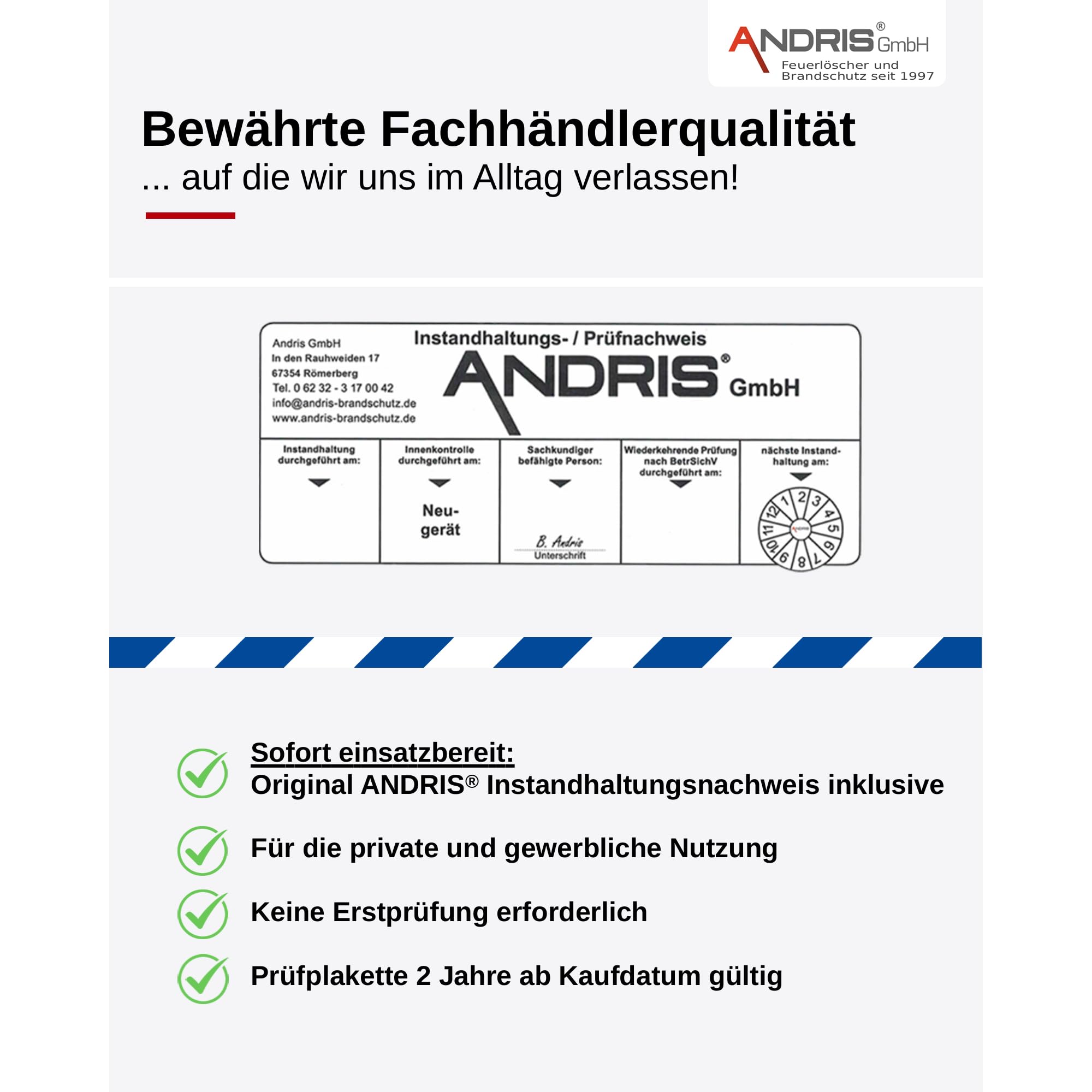 6kg ABC Pulver orig. ANDRIS® Feuerlöscher mit Halterung, Prüfnachweis + ISO Symbolschild