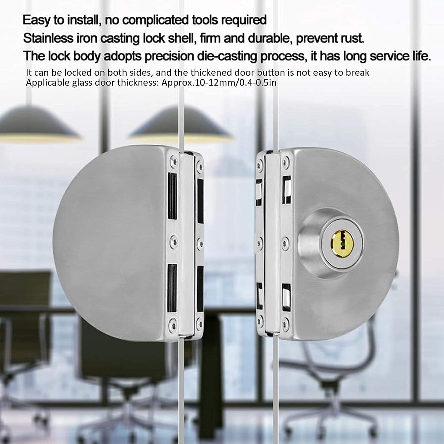 SARNESHWERAM Stainless Steel Door Lock No Drilling Commercial Heavy Duty Central Lock for 10mm to 12mm Toughened Double Door with 3 Keys and 6 Screws 2