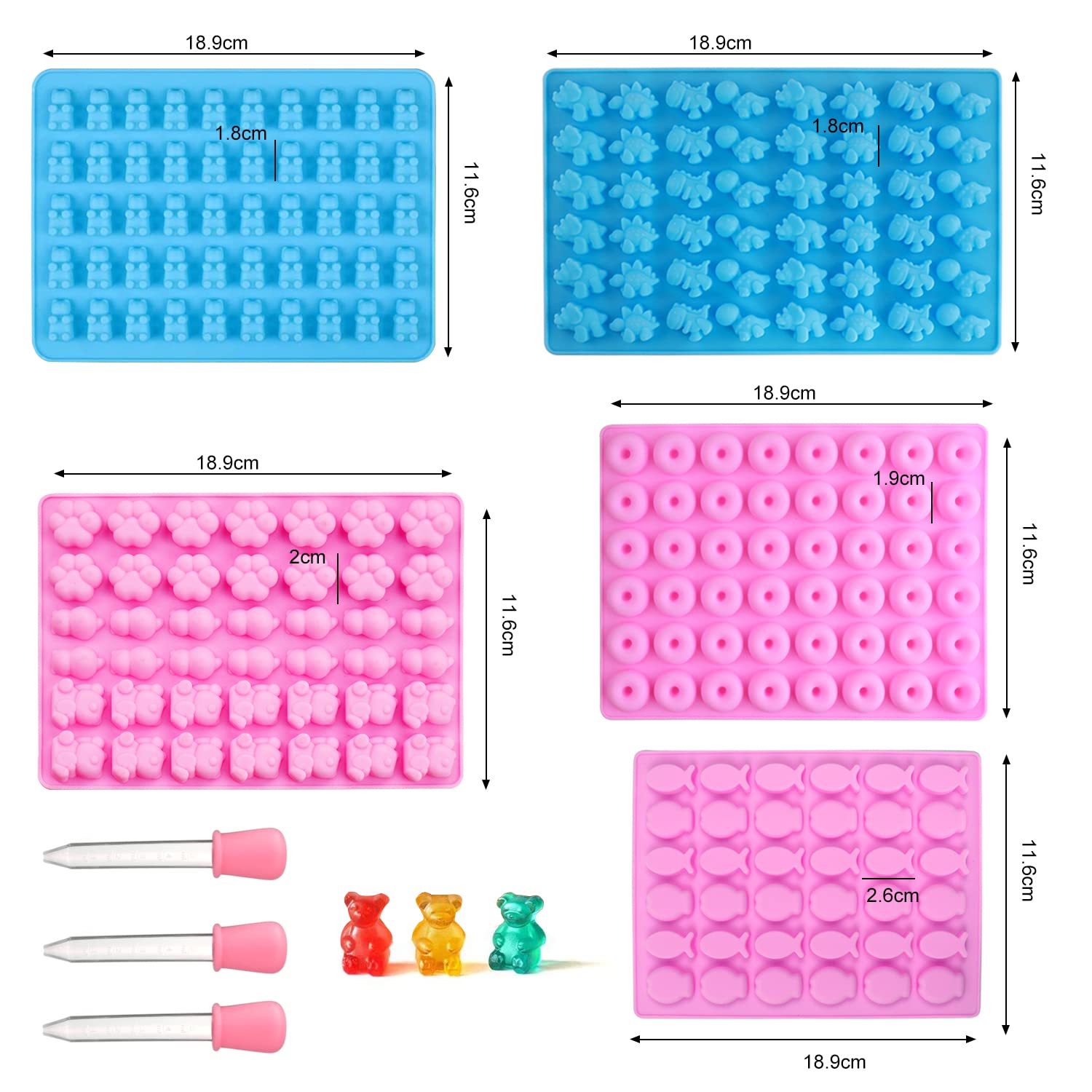 4 Stampi In Silicone Per Caramelle Con Forme Orso, Cuore, Dinosauro E Mini Ciambella – Inclusi 4 Contagocce