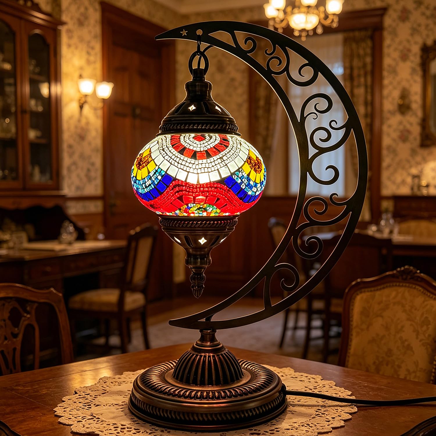 Marrakech Turkish Table Lamp Moon Shaped USB Powered Turkish Mosaic Stained Glass Night Lamp with Bronze Base Colorful Moroccan Globe Light for Bedroom Studio Bar Decor(W 6.3in x H 15.35in) — image 1