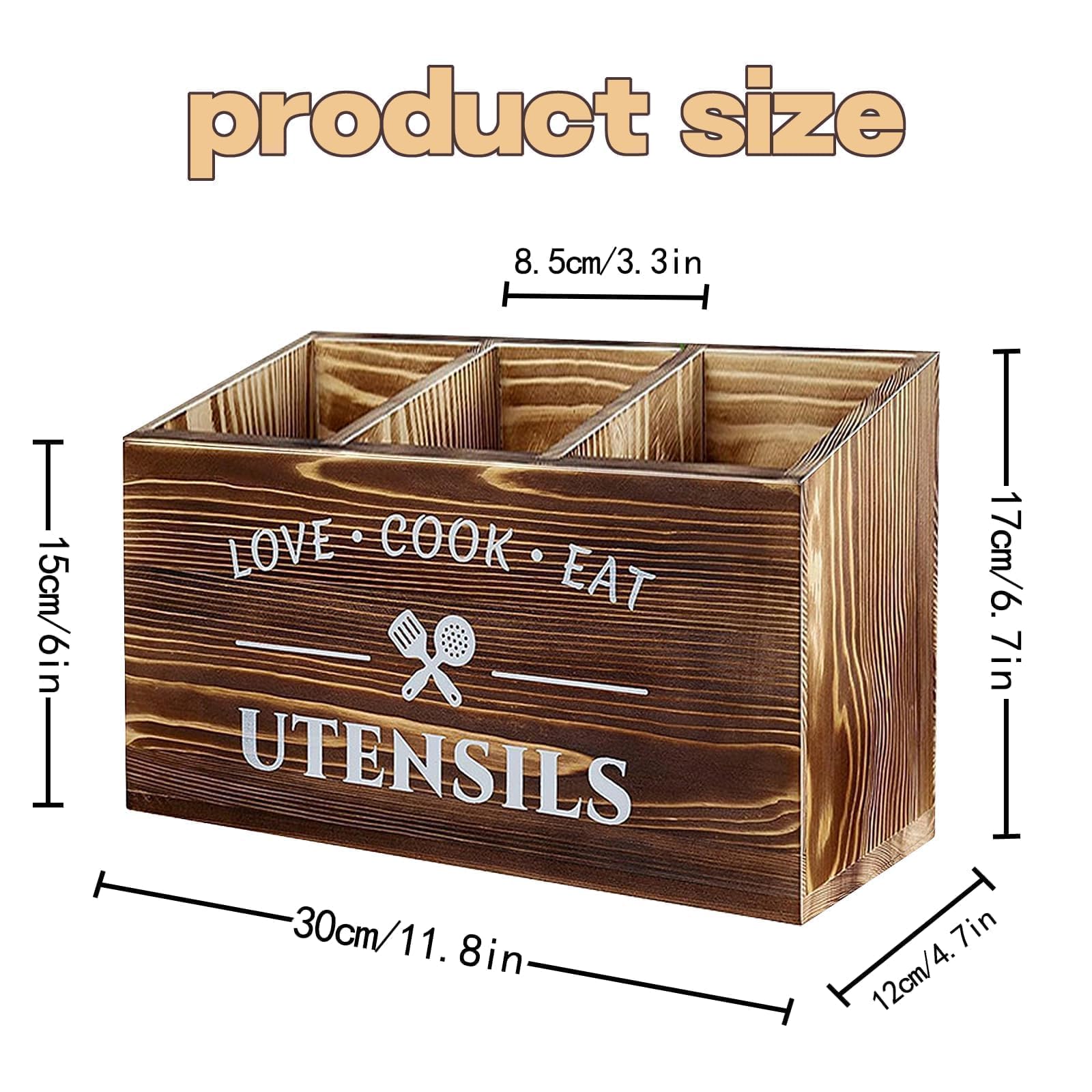Portautensili Da Cucina Per Piano Di Lavoro, 3 Scomparti Porta Utensili In Legno, Organizer Per Utensili Da Cucina, In Legno Con Fondo Di Drenaggio, In Rustico (Marrone)