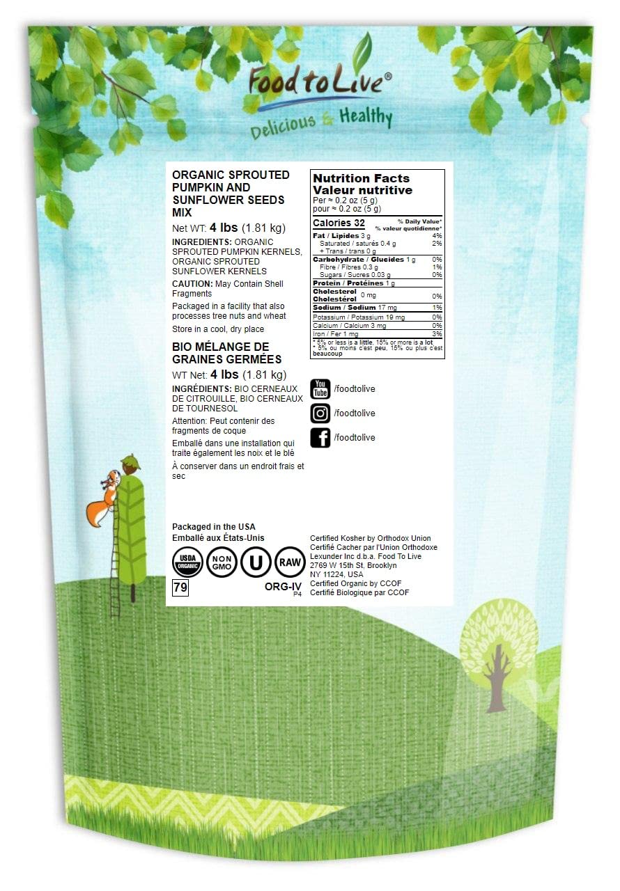 Food to Live Organic Sprouted Seeds Mix, 4 Pounds — Raw & Non-GMO Snack Mix Contains Sprouted Pumpkin and Sunflower Seeds. Vegan Superfood, Kosher, Bulk