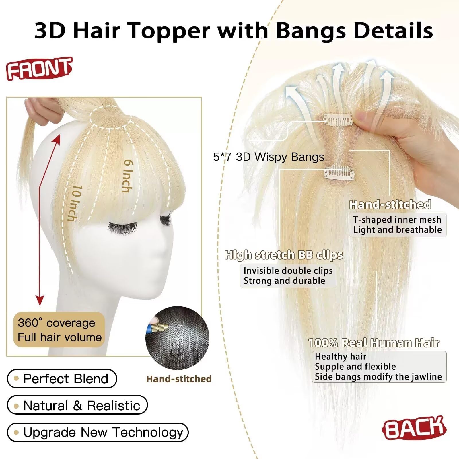 RUNRAYAY Hair Toppers for Women Real Human Hair 10 Inch 3D Clip in Bangs Human Hair Toppers with Thinning Hair 165% Density Hair Topper Middle Part Clip in Bangs Toppers Hair Pieces - Image 3