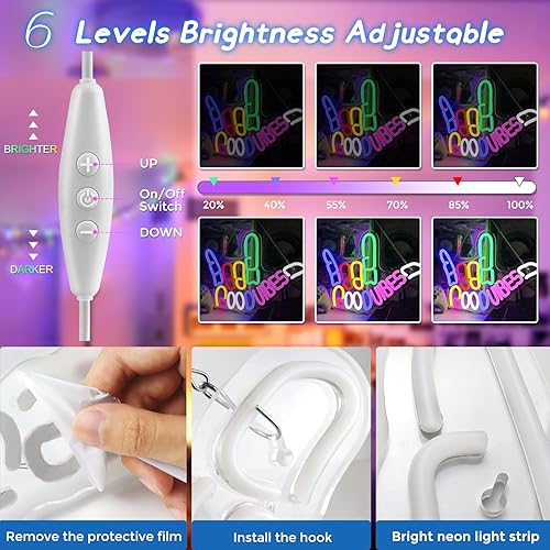 Vista 4 de Good Vibes - Letrero de neón regulable con interruptor de encendido/apagado, letreros de neón alimentados por USB para decoración de pared, letreros