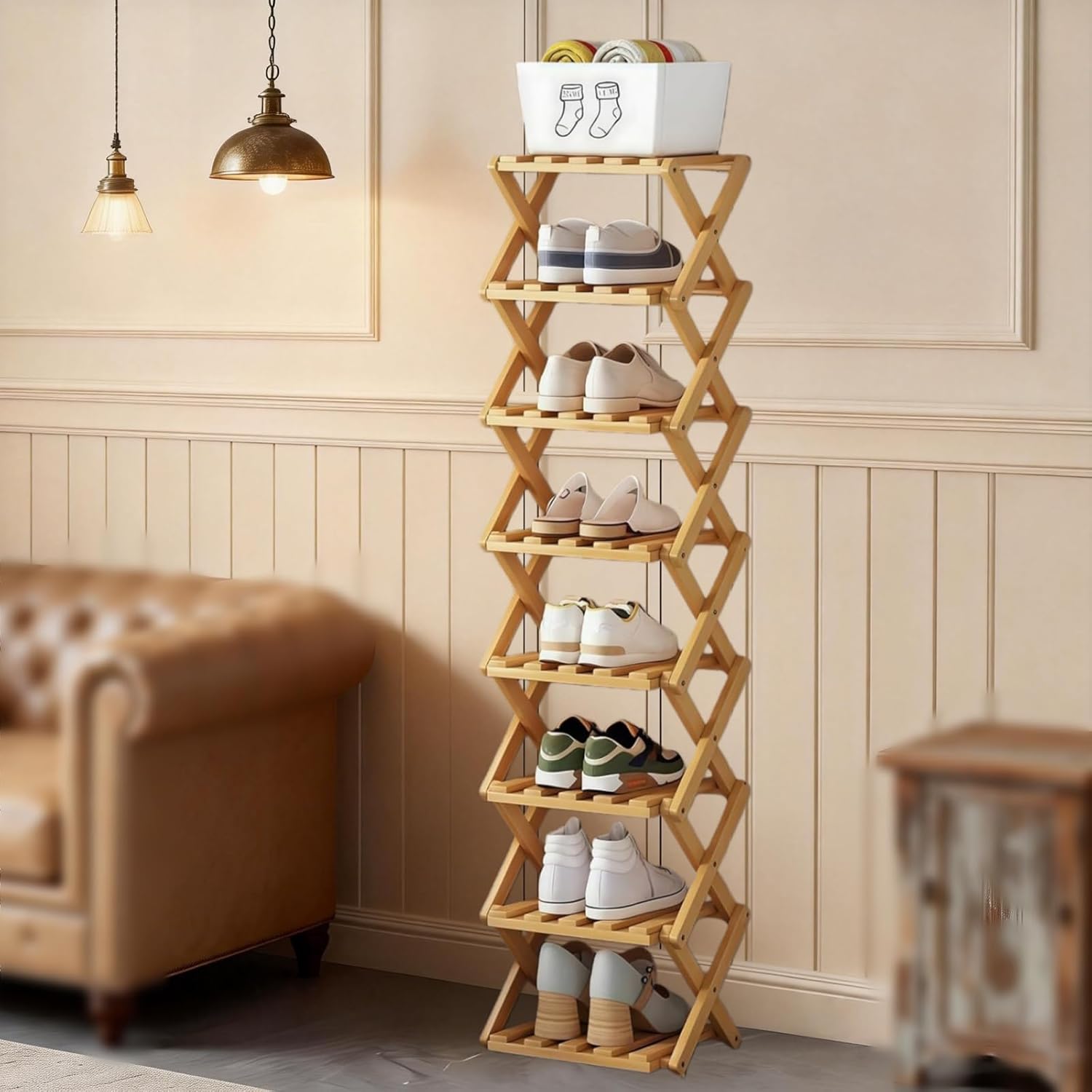 The 9-Tier No-Assembly Bamboo Rack, Bamboo Shoe Storage Rack, 2/3/4/5/6/7/8/9/10 Tiers, Tight Space Wooden Shoe Racks Storage Organizer (Seven)