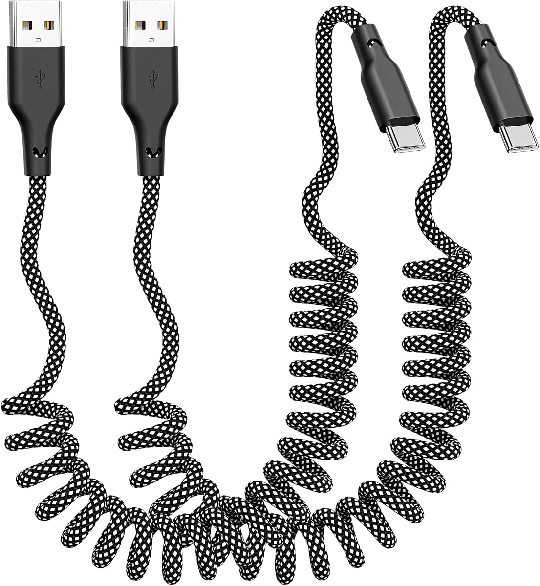Coiled Carplay Car Charger Fast Charging, USB A to USB C Cable 2 Pack | Type C Charger Cord for iPhone 17/17 Air/16/15/Plus/Pro Max/Samsung/Android, Retractable Braided Nylon, 3ft, Grey