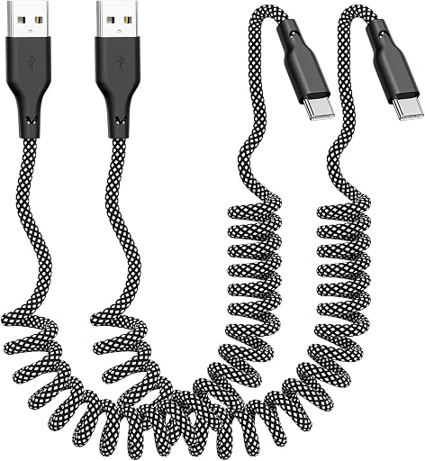Coiled Carplay Car Charger Fast Charging, [2-Pack, 3ft] Retractable Braid USB A to USB C Cable for iPhone 17/17 Air/16/15/Plus/Pro Max/MacBook Pro/Samsung Galaxy S10/Android Devices, USB C Cord, Grey