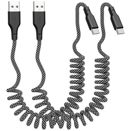 Coiled Carplay Car Charger Fast Charging, USB A to USB C Cable 2 Pack | Type C Charger Cord for iPhone 17/17 Air/16/15/Plus/Pro Max/Samsung/Android, Retractable Braided Nylon, 3ft, Grey