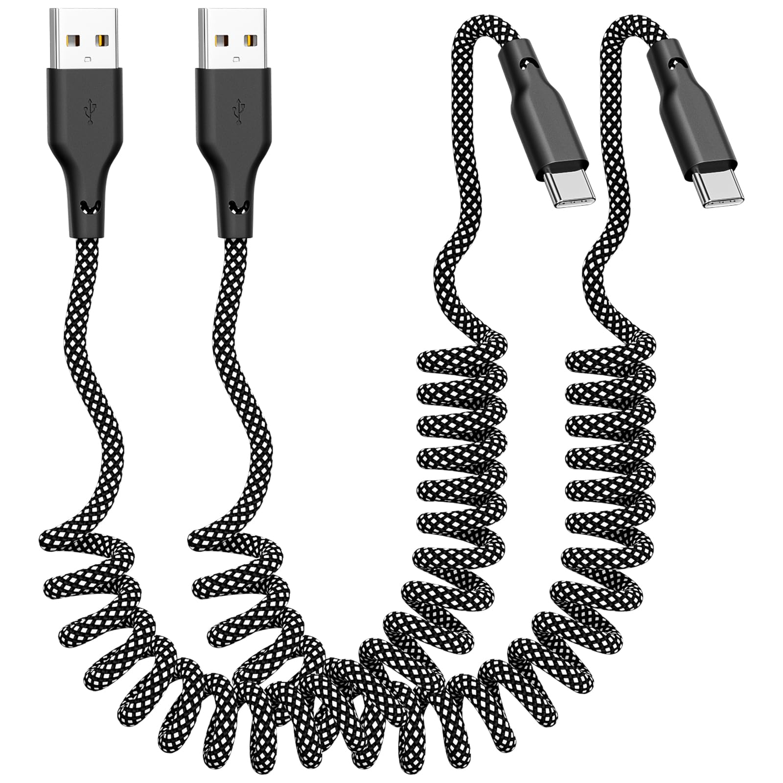 Coiled Carplay 차량용 충전기 고속 충전, [2팩, 91.4cm(3피트)] 접이식 브레이드 USB A to USB C 케이블, 아이폰 17/17 에어/16/15/플러스/프로 맥스/맥북 프로/삼성 갤럭시 S10/안드로이드 장치용, USB C 코드, 그레이