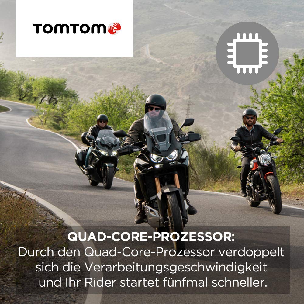 TomTom Motorrad Navi Rider 500, 4,3 Zoll, kurvige und bergige Strecken speziell für Motorräder, Stauvermeidung dank TomTom Traffic, Karten-Updates Europa, Motorrad-Halterung, + Schützende Tragetasche