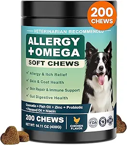 Dog Allergy Chews Omega 3 is Human,Itch Relief Multivitamin Medicine for Dogs Itching Skin Relief and Aller Immune Pet Allergy Dog Anti Itch Chews Coat Licking Supplements Pills Meds Medicine for Dogs