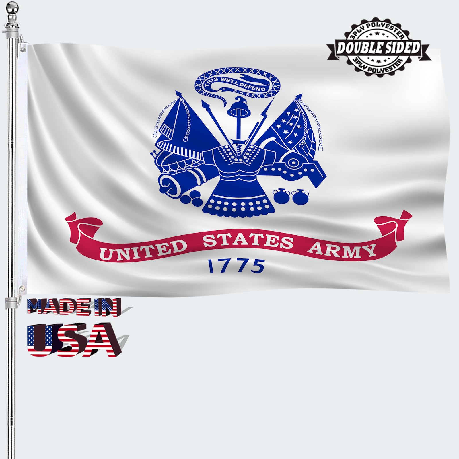 US Army Flag 3x5 Outdoor Double Sided American United States 1775 White Army Flags Heavy Duty 3 Ply Polyester Material USN Flags Banner with 2 Metal Grommets, 4 Rows of Stitching