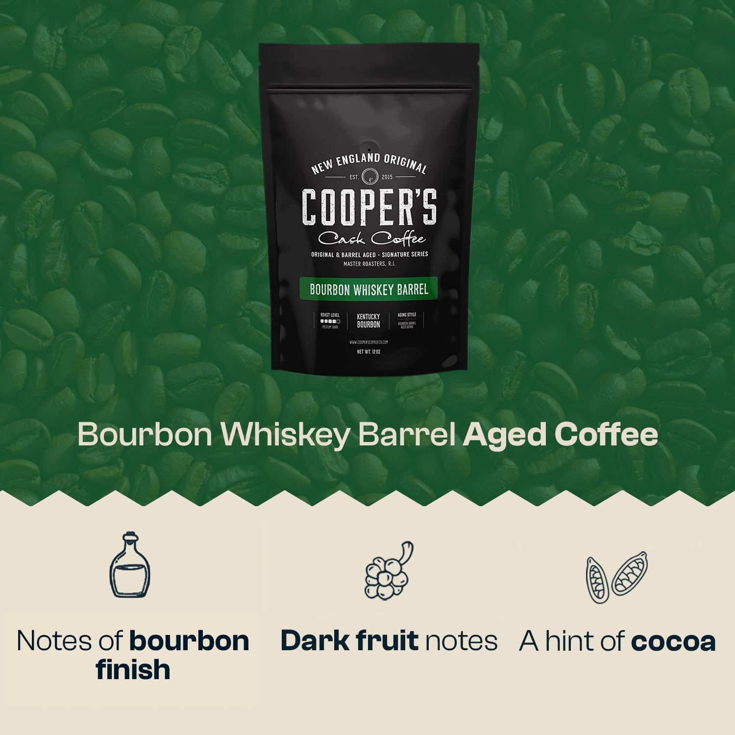 Bourbon Barrel Aged Coffee, Single-Origin Colombian Beans Aged in Kentucky Bourbon Whiskey Barrels, Medium Dark Roast Whole Bean, 12 oz