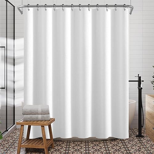Miniatura 2 de Cortina de ducha de punto gofre blanco, juego de cortina de ducha impermeable para hotel, tela de poliéster de lujo, cortinas de baño resistentes