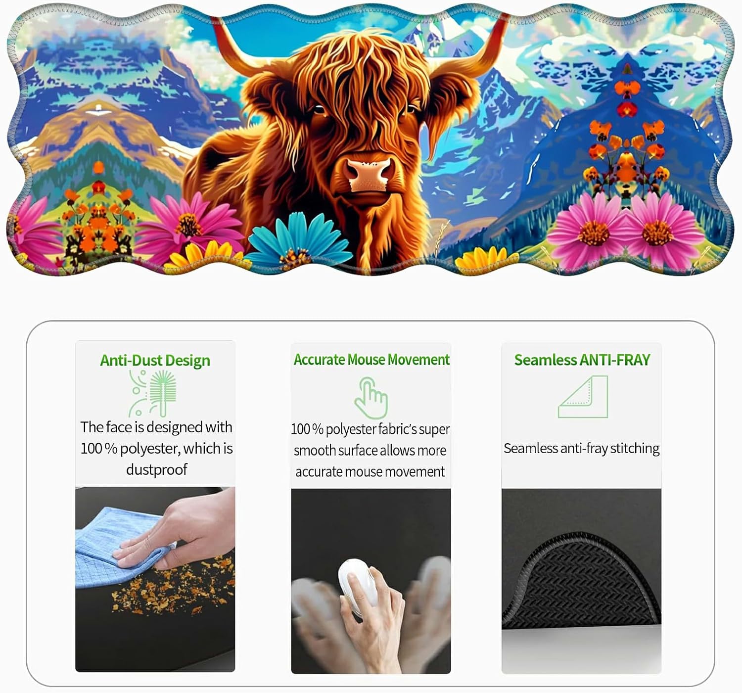 3-Piece Ergonomic Desk Mat & Cloud Wrist Rest Set, Large 31.5" x 11.8" Wave Office Desk Pad with Memory Foam Support Non-Slip Computer Protector for Home, Gaming, Mountain Flower Cow