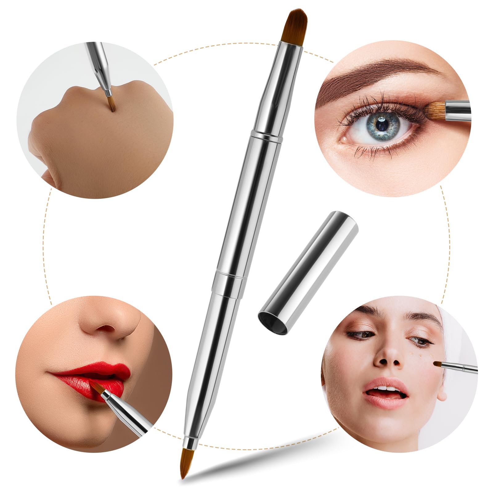 Pinceau de maquillage rétractable portable à double extrémité pour rouge à lèvres brillant pinceaux de maquillage anti-cernes pinceaux contour des lèvres outil de maquillage (argent)