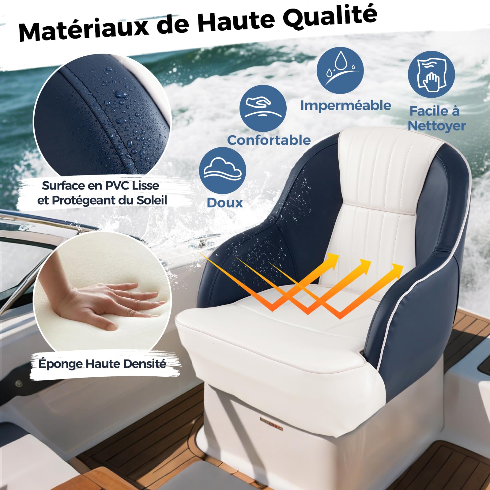 GOPLUS Siège de Bateau, Siège de Pilot avec Dossier, Chaise Pilotage Recouverte Cuir Artificiel et Rembourrée en Mousse, Design Ergonomique, pour Pêche, Yacht, Charge 150KG (Bleu,58x54,5x49 CM)
