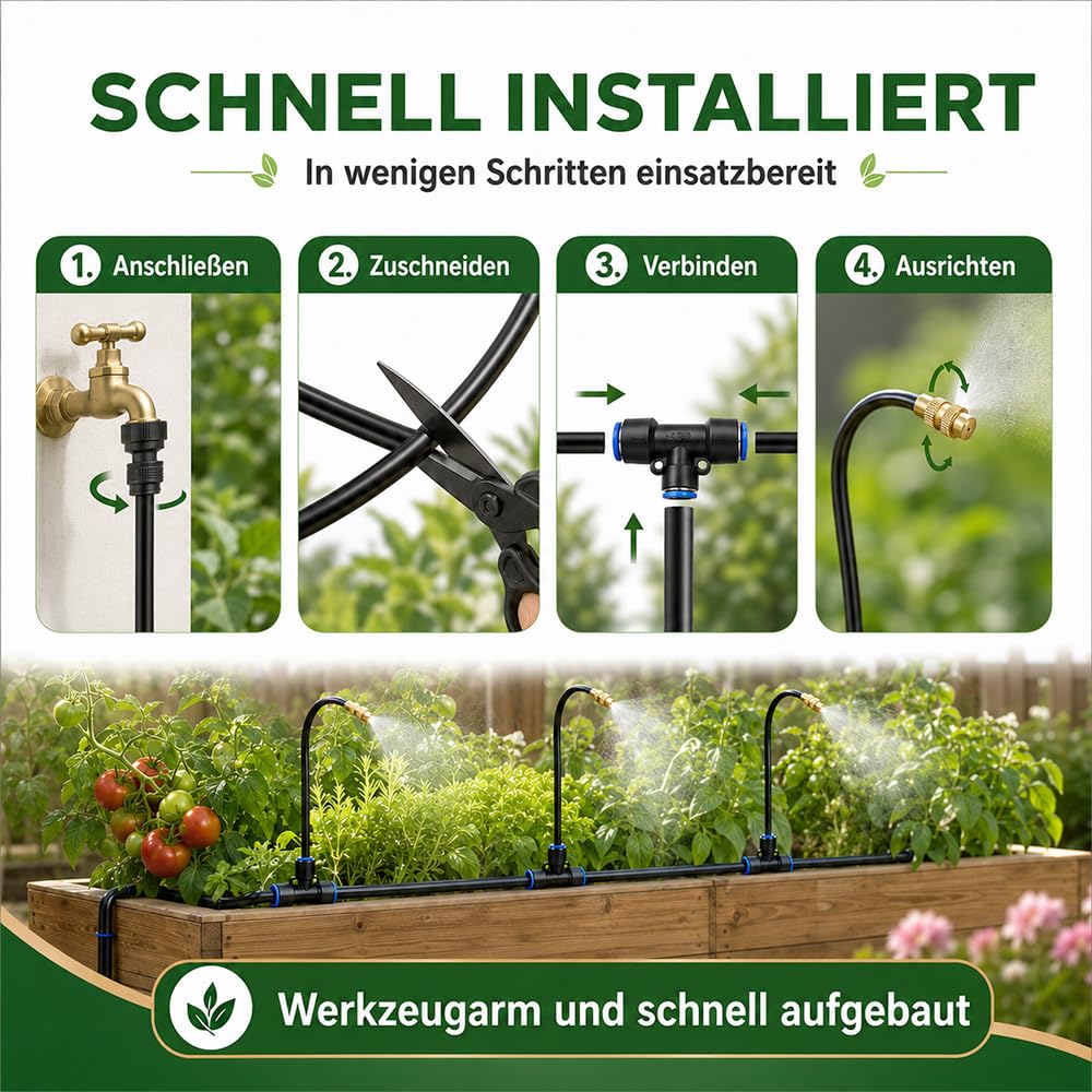 LIGBT Sistema di irrigazione automatico da giardino, 15 m, 360°, set completo con 15 ugelli di spruzzo regolabili, nebbia e irrigazione a goccia, per balconi, serre, aiuole rialzate, piante in vaso e