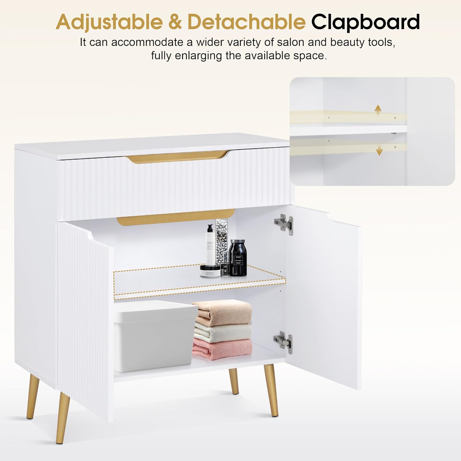 BarberPub Barber Station with Drawer & Cabinet, Beauty Salon White Storage Organizer with Concave Fluted Wall, Modern SPA Freestanding Equipment 3196 (White)