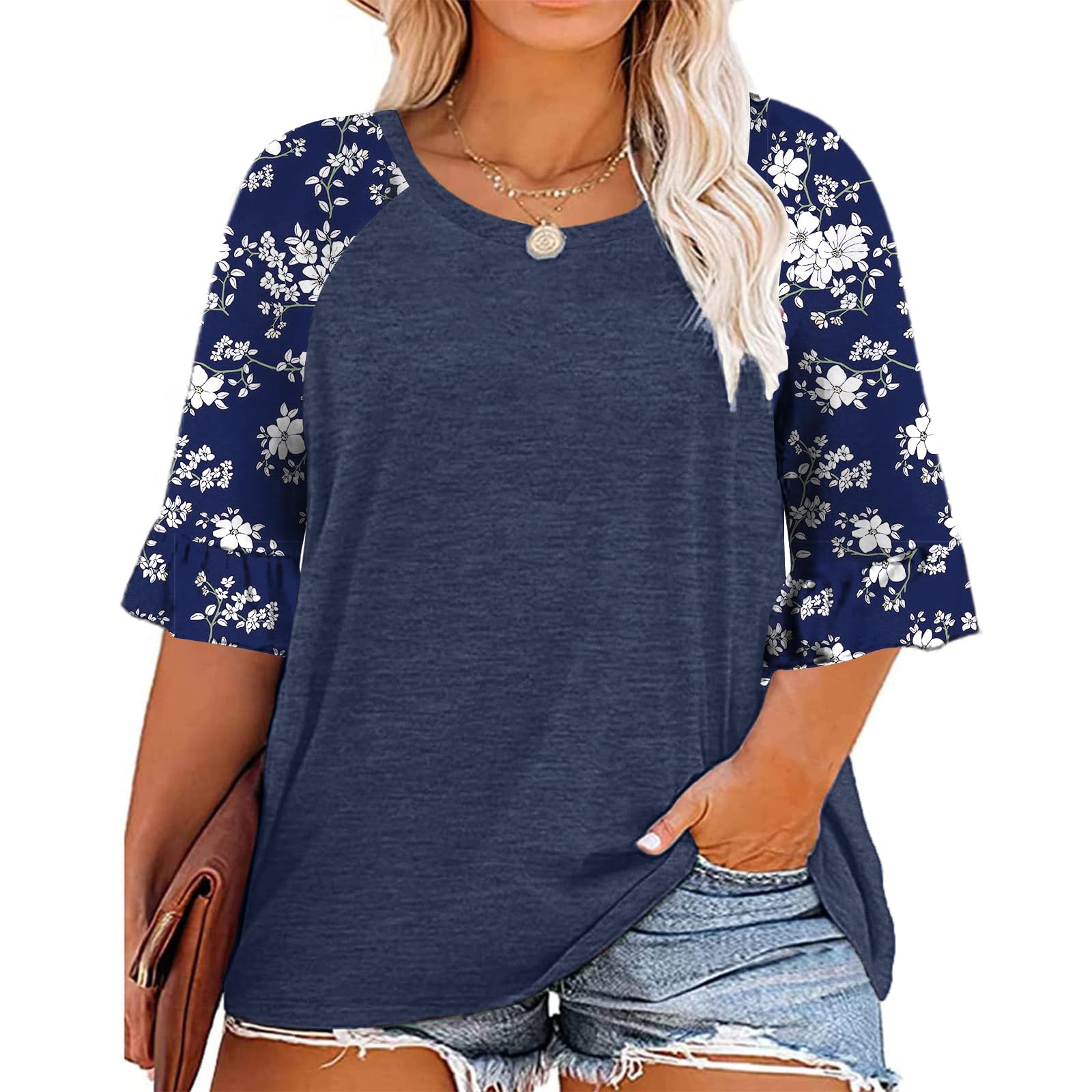 HDLTE Womens Plus Size 3/4 Ruffle Sleeve Tops Casual Loose Crew Neck Shirts Dressy Floral Bell Sleeve Tunic Blouses
