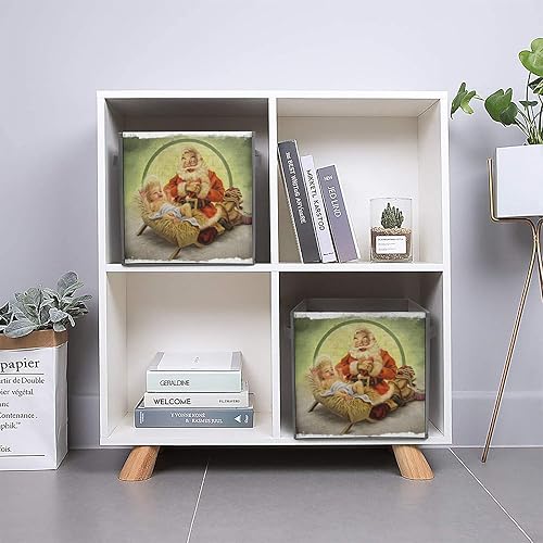 Miniatura 5 de Cubos de almacenamiento de Papá Noel vintage de Navidad, cubos de tela para bebé de 11 pulgadas con asas dobles, organizadores de armario para