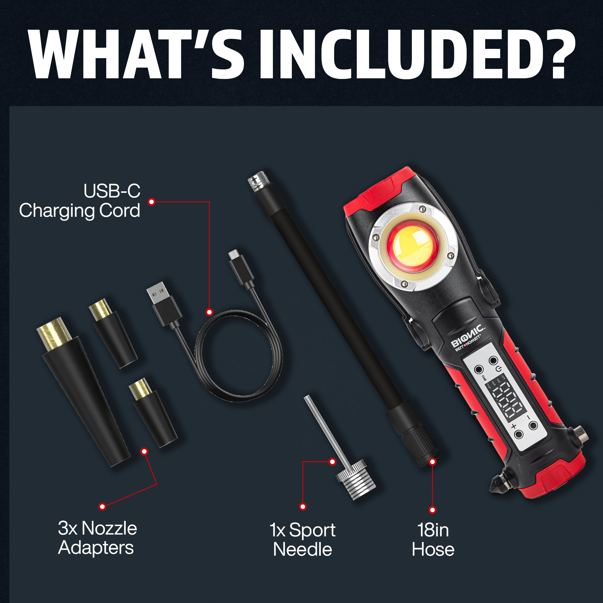BIONIC RESCUE - Compressore d'aria portatile con luce da lavoro e rompi finestre, pompa ad aria da 1500 mAh con manometro, luce da lavoro a LED, luci di emergenza per veicoli, ricaricabile (150 PSI)