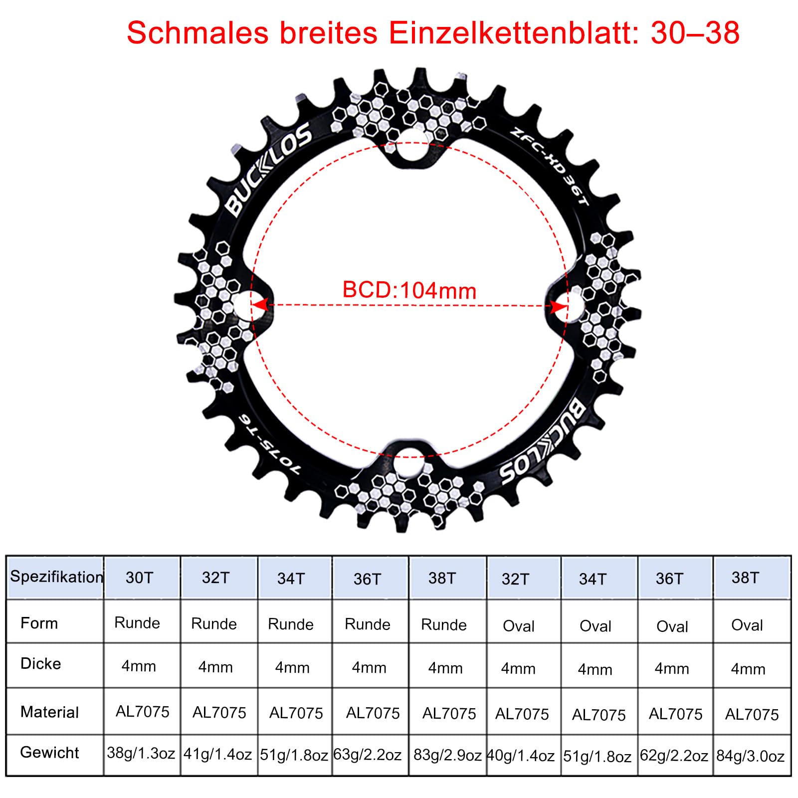 104 BCD MTB Crankset 32-38T – Kit de crankset de vélo de montagne creux intégré 170 mm – 1 x kit de grue de vélo en alliage d'aluminium avec anneau de chaîne à dents larges et goujons pour VTT