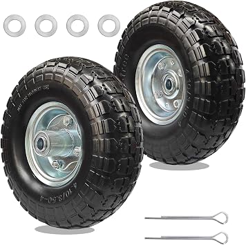 10" Solid Rubber Wheels & Rims - 4.10/3.50-4 Heavy Duty Flat-Free Tires, 5/8" Axle Bore, 220lb Load Capacity, 2.2" Offset Hub, All-Terrain for Carts, Hand Trucks, Trailers 2-Pack