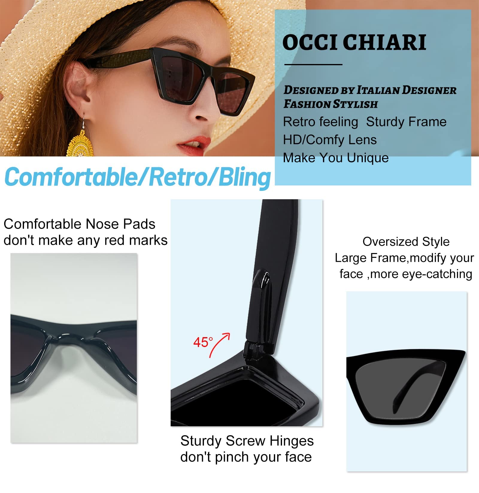 OCCI CHIARI Sun Reading Glasses 1.0 for Women Sun Glasses Cateye Sun Readers for Lady Women's Large Frame Sunglasses (Classic Black,100) - Image 2