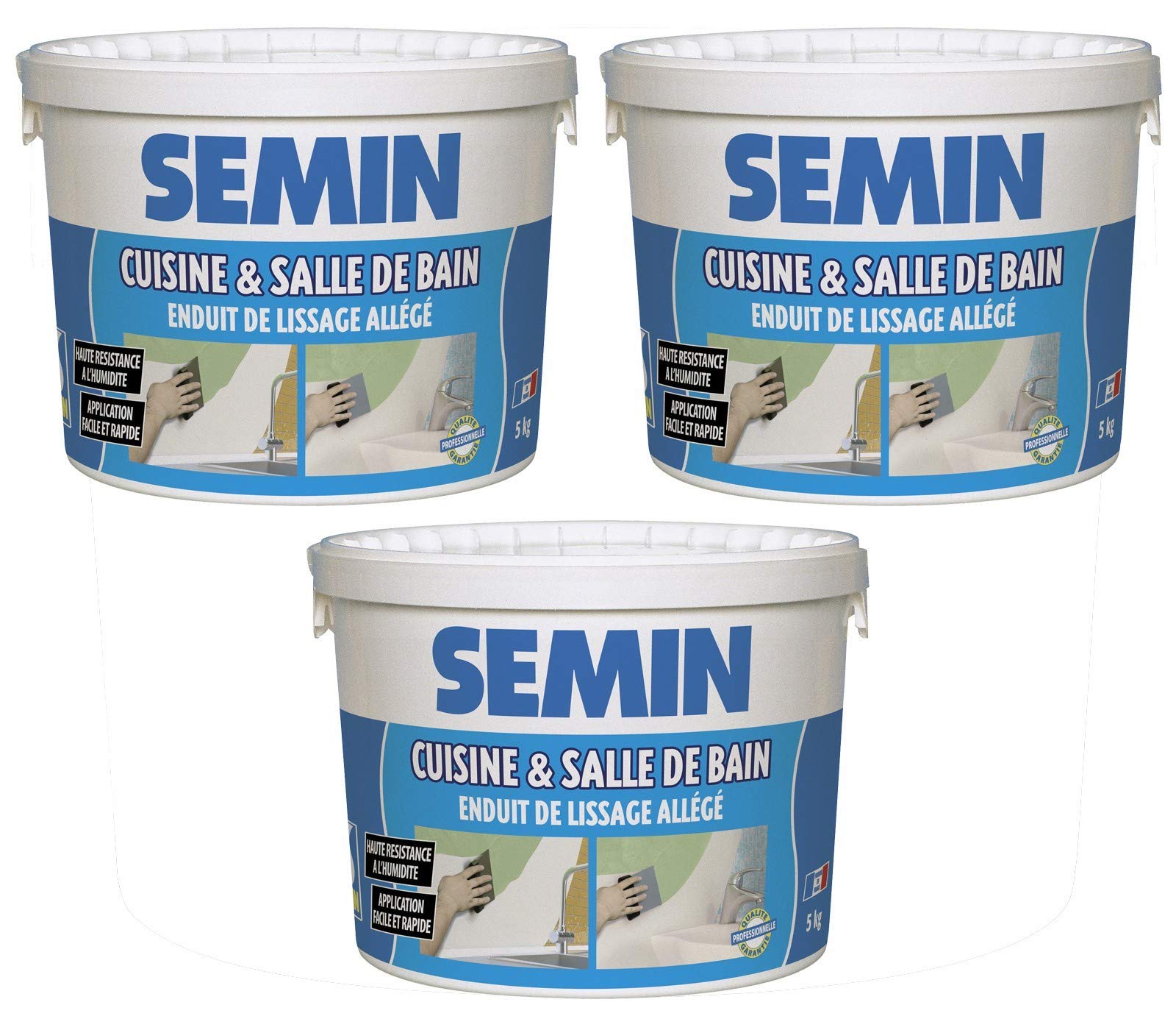 SEMIN Enduit de Finition Pièces Humides- 3 x 5 kg – Enduit Allégé Hydro Prêt à l’Emploi – Haute Résistance à l’Humidité – Murs & Plafonds Salle de Bain Cuisine – Avant Peinture & Revêtement Mural