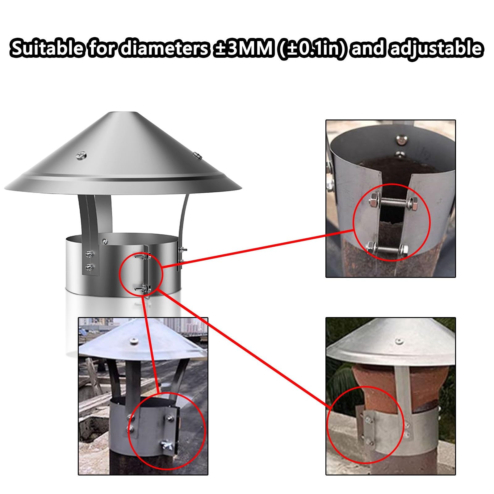 Edelstahlschornstein Regenhaube 110mm Kaminaufsatz Edelstahl Regen Und Windschutz Schornsteinaufsatz LüFtungsaufsatz Ofen Schornsteinhaube Schornsteinabdeckung(304 material,300 mm(12 in))