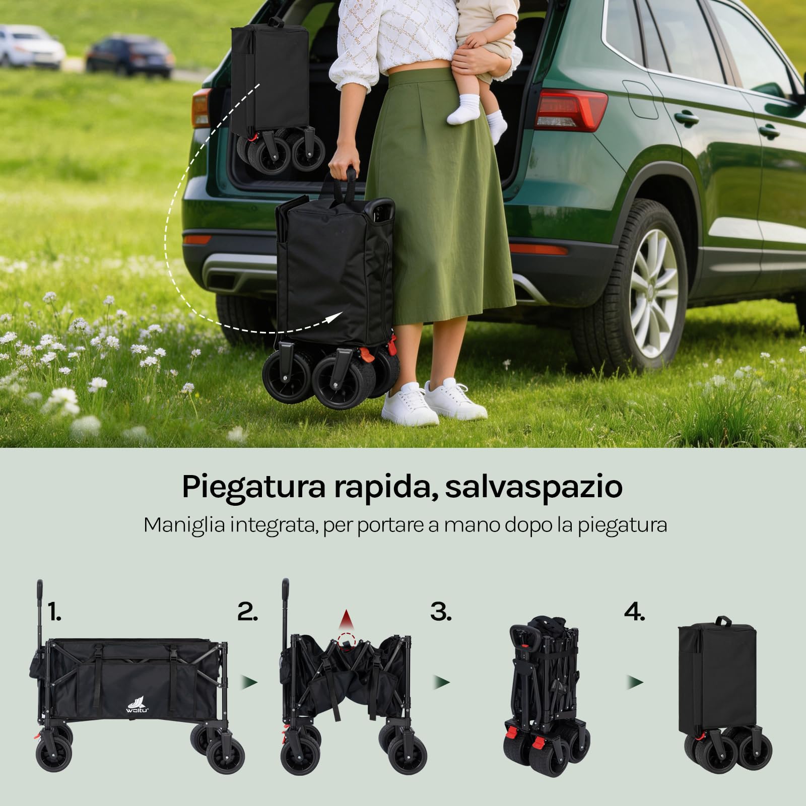 WOLTU Carrello Pieghevole Multifunzione con Ruote Rimovibili, Manico Regolabile, Custodia Antipolvere, Telaio in Acciaio, 150 L, Portata 180 kg, Carrello da Giardino per Campeggio e Spiaggia, Nero