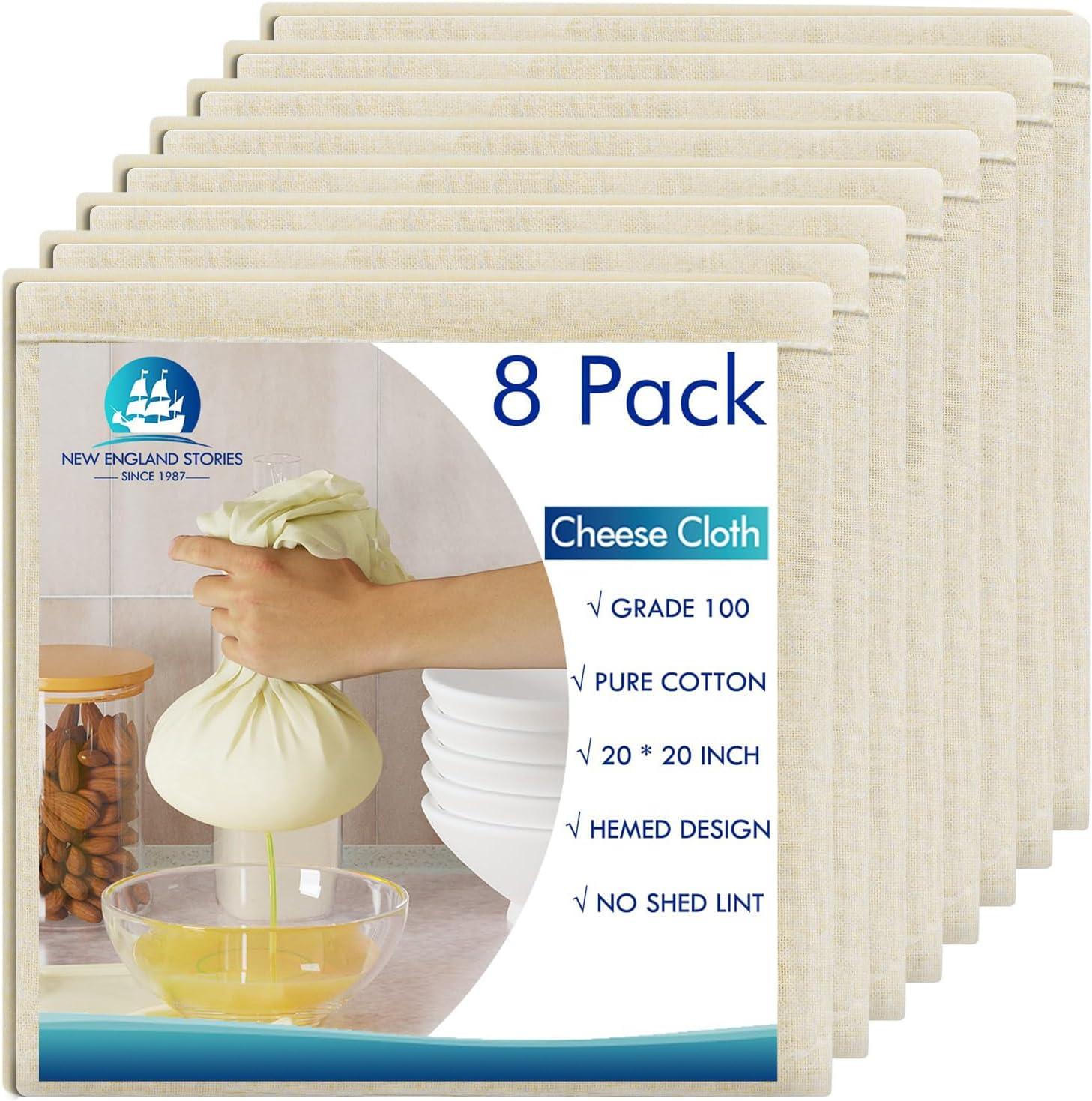 8 PCS Reusable Cheesecloth, Grade 100, 20x20 Inch Hemmed Cheese Cloth for Straining Craft, 100% Cotton Unbleached Cloth Strainer for Cooking, Baking, Juicing, Cheese Making